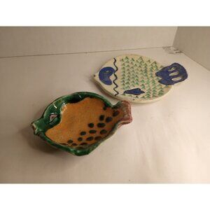 Art Pottery Fish Plates Lot Of Two One Signed Green And Blue Glaze